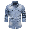 Men's slim fit long sleeve cotton denim shirt in solid colour on hanger