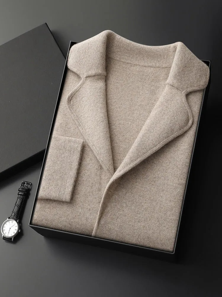 Men's cashmere cardigan jacket in loose fit with thickened knit, shown in light grey colour option