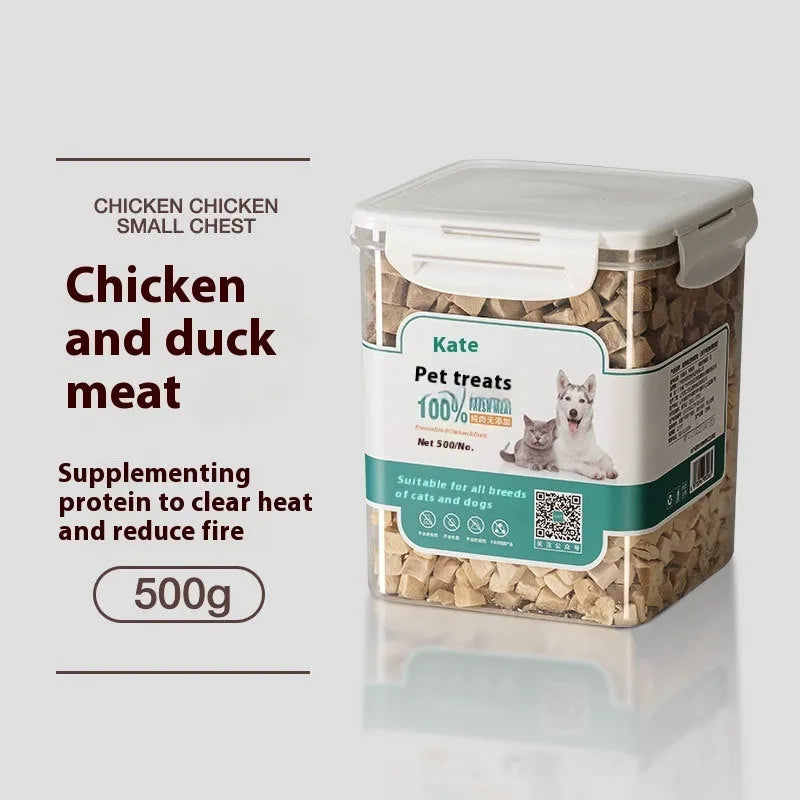 500g bag or barrel of chicken freeze-dried cat snacks showing high grade nuggets without shreds