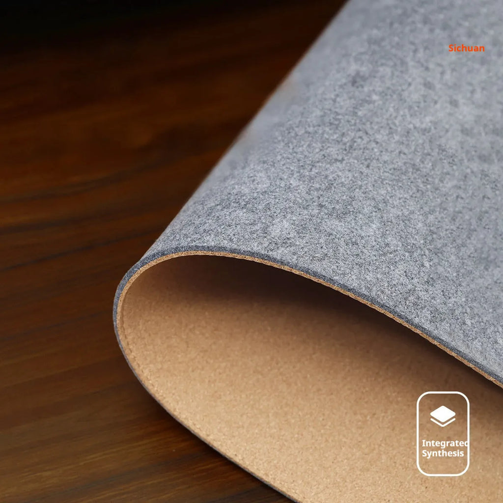 Winter warm felt cork office mouse mat with non-slip base in black and grey pattern on a desk.