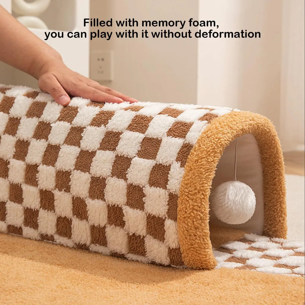 XL fan-shaped plaid tunnel pet bed for dogs and cats in coffee colour, showing plush fabric and anti-slip base.