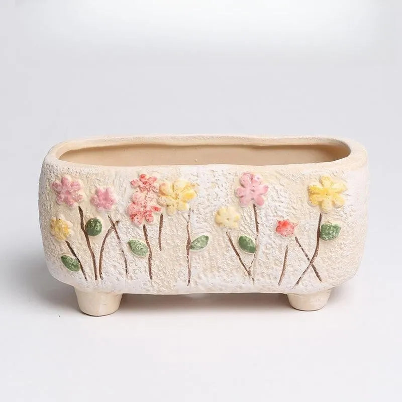 Rectangular hand-painted ceramic flower pot for succulents with 13.7x6.2x6.5cm dimensions