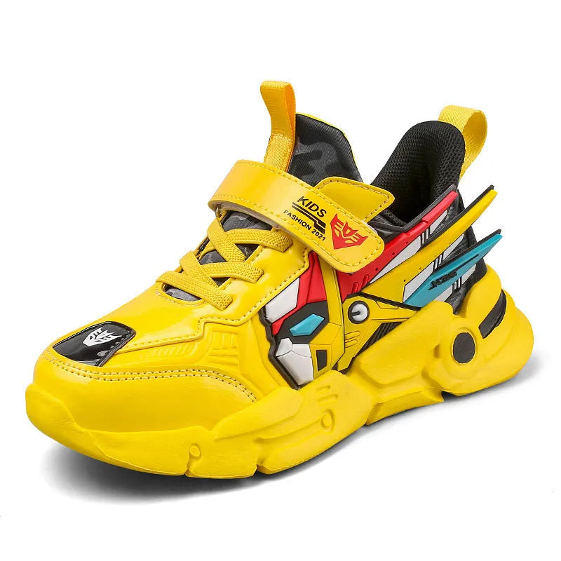 Boys yellow artificial leather sneakers with Velcro strap and cartoon pattern, on a rubber sole.