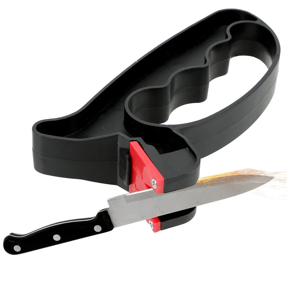 Black handheld knife and scissor sharpener tool on a white background.