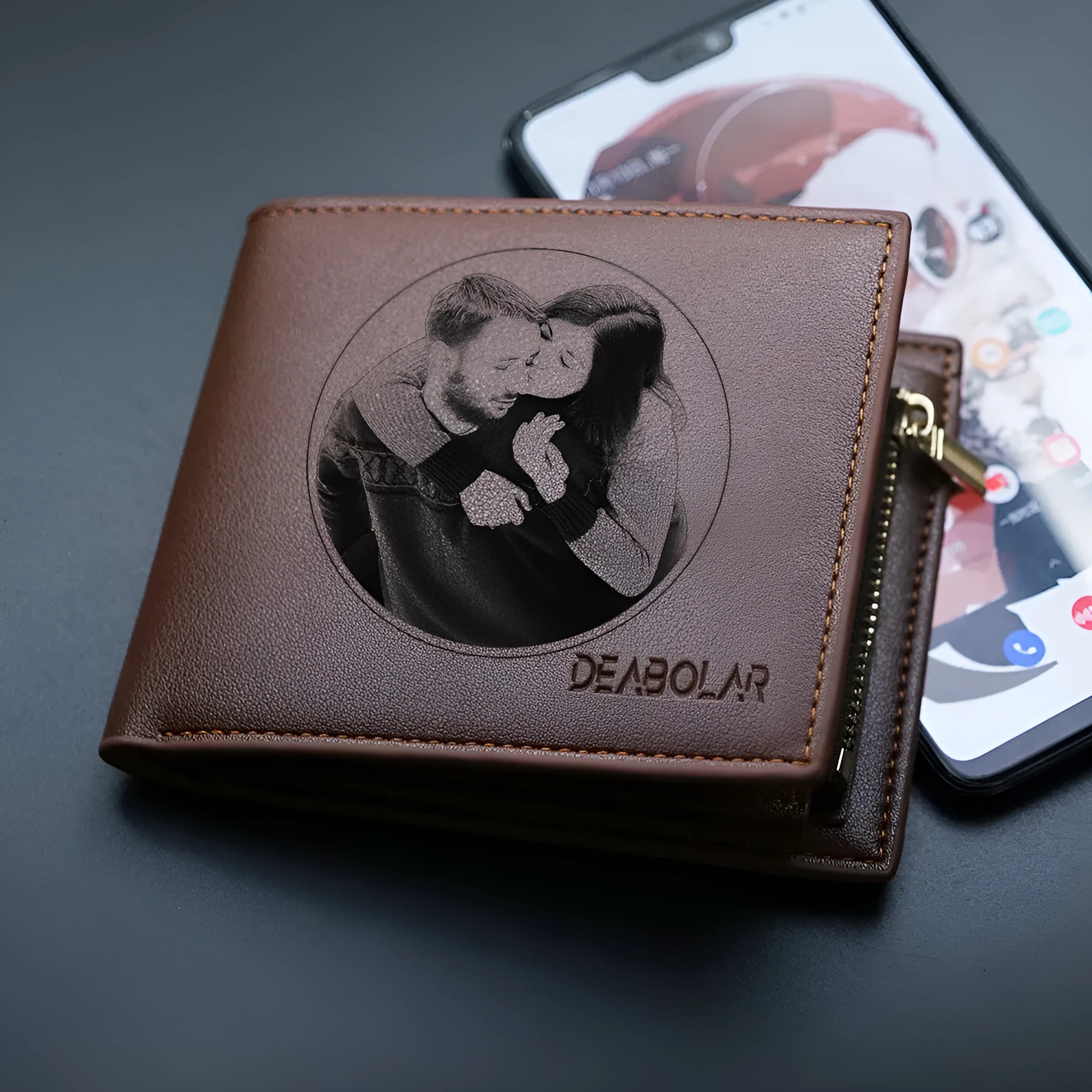 Leather men's wallet with zipper closure shown individually packaged as gift accessory