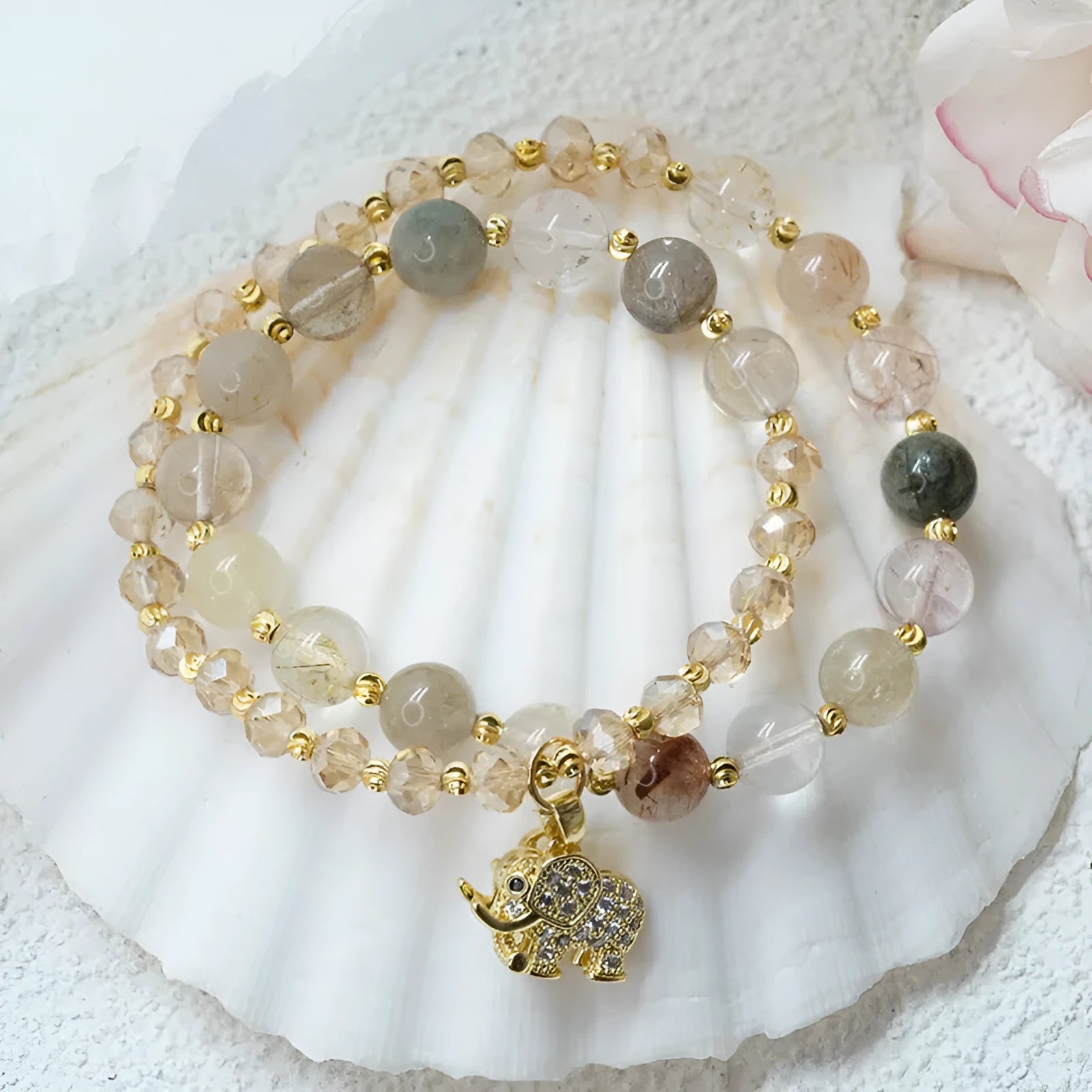 Women's retro bracelet with colour hair crystal beads and strawberry quartz accents