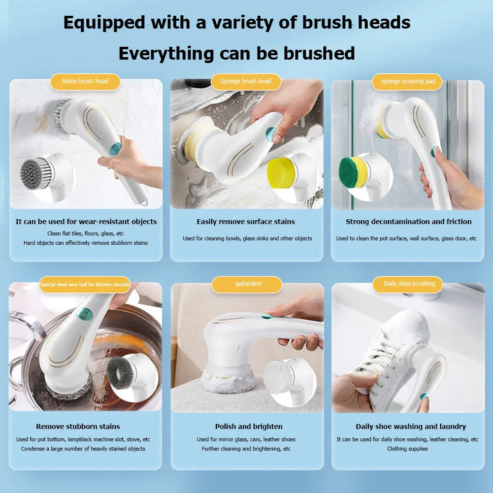 White cordless electric handheld scrubber with five cleaning brush heads on USB charging cable
