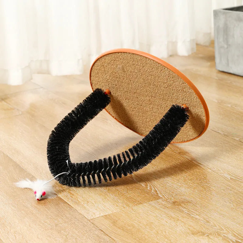 Black arch-shaped cat scratching post with grooming brush surface and attached plush mouse toy