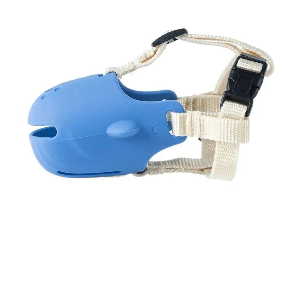 Portable adjustable dog muzzle in blue for small to medium dogs with breathable basket design