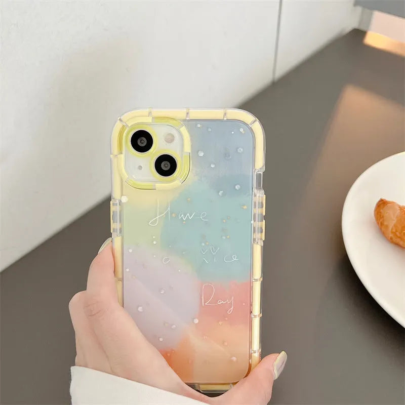 Yellow-edged minimalist contrast colour TPU silicone case on an Apple iPhone.