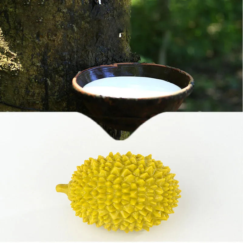 Beige, green, and yellow durian-shaped dog chew toy with textured surface for teeth cleaning