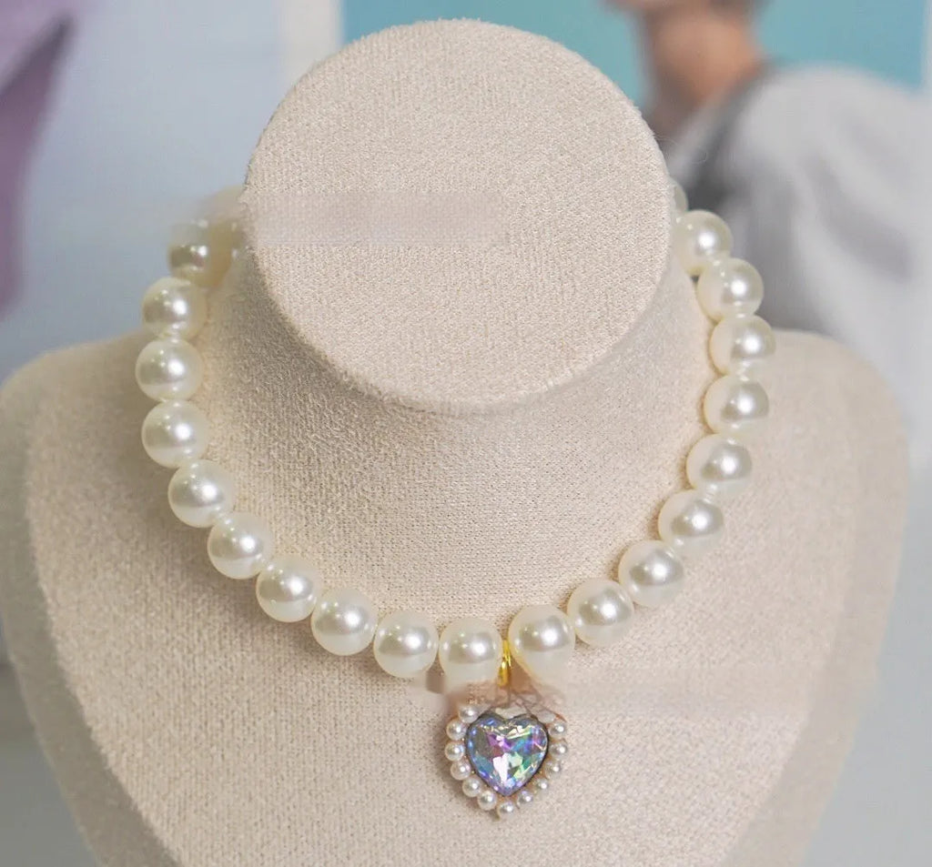 Decorative pearl and love gem cat collar necklace in a choice of colours on size guide.
