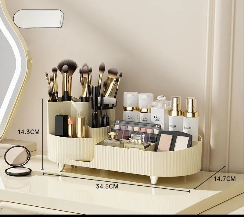 Rotating cosmetics storage box with two shelves holding makeup brushes and beauty products