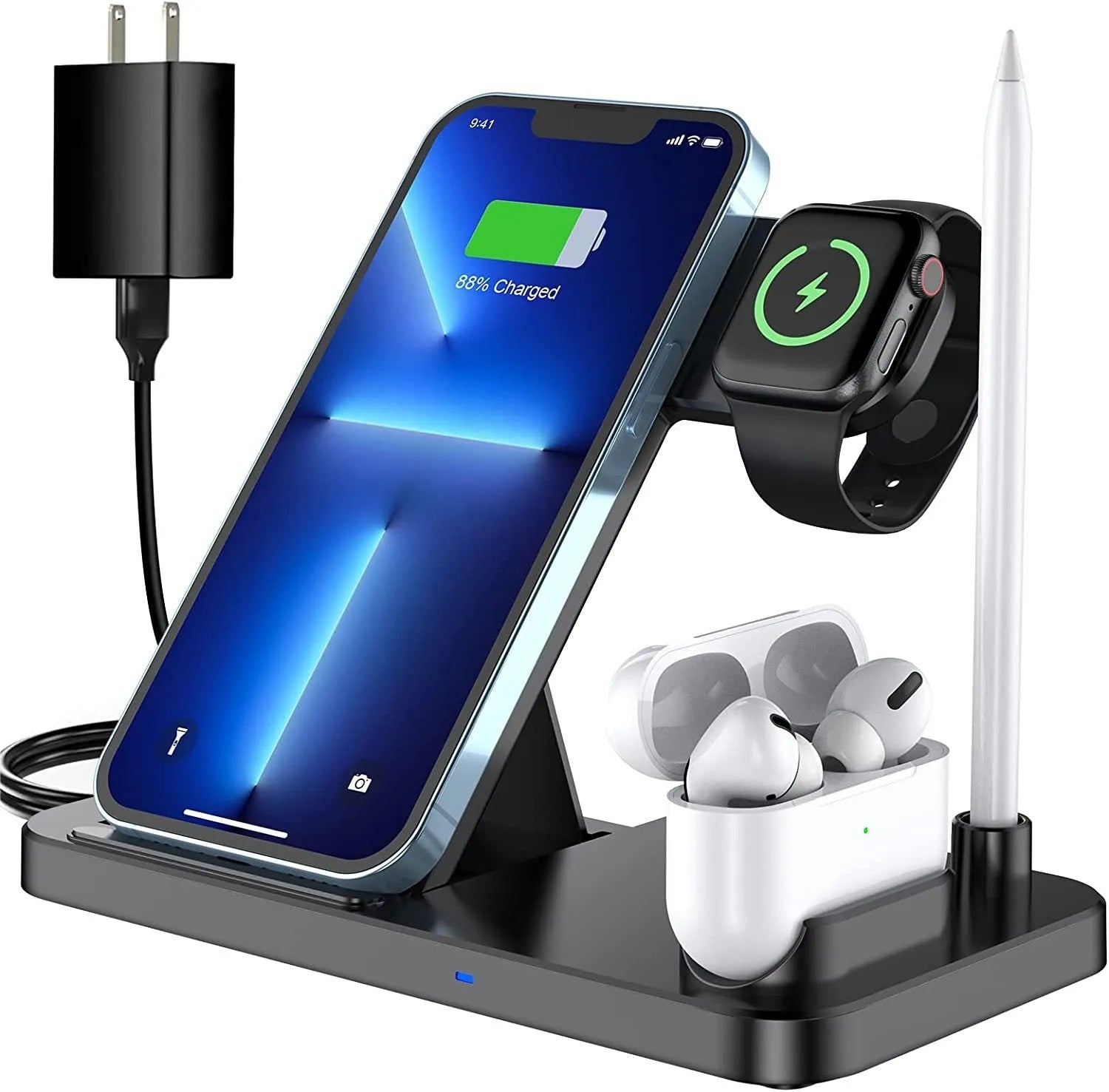 Black Four-in-One wireless charging stand for mobile phones with QC3.0 charging head.