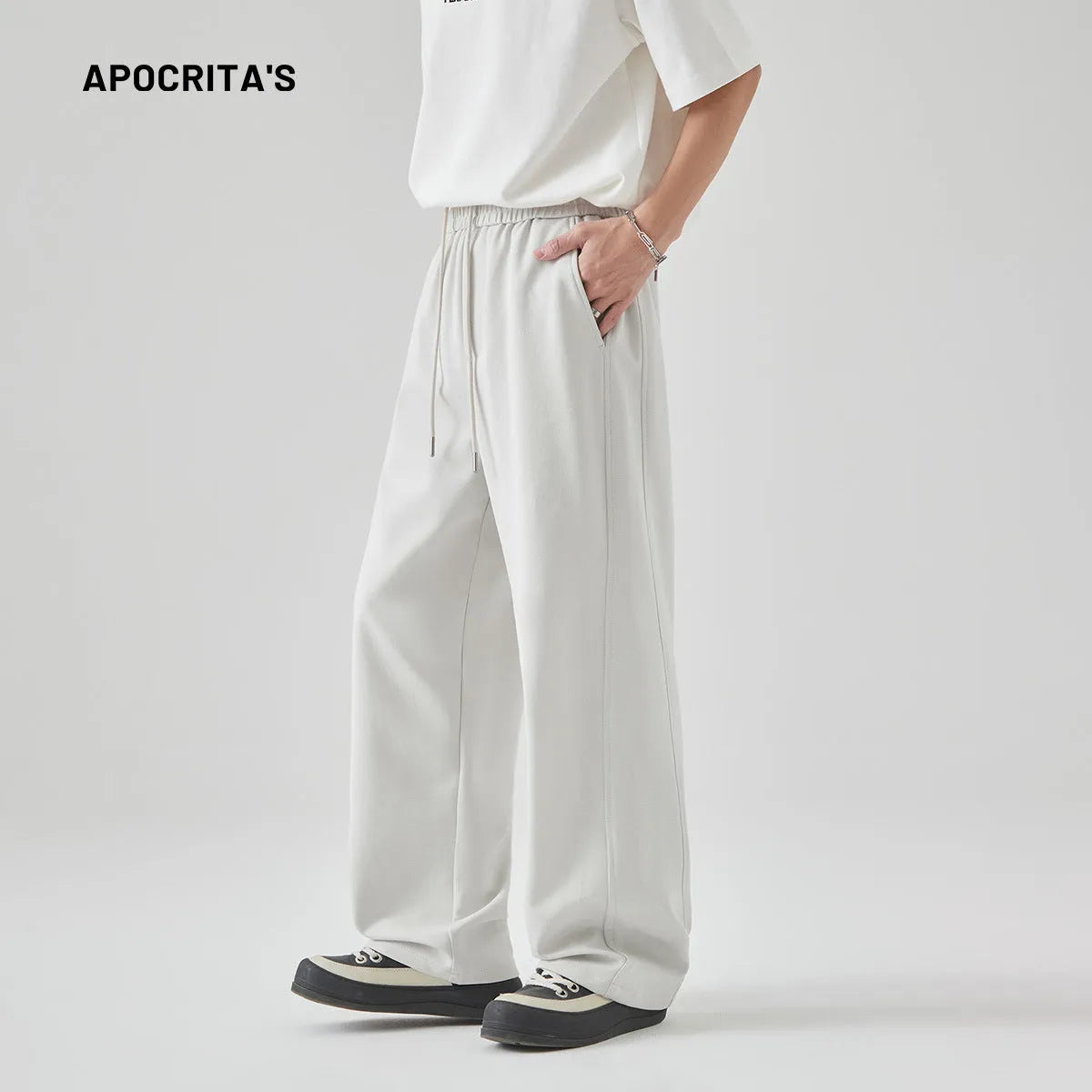 Men's straight leg casual trousers in cotton blend fabric with lace-up high waist closure