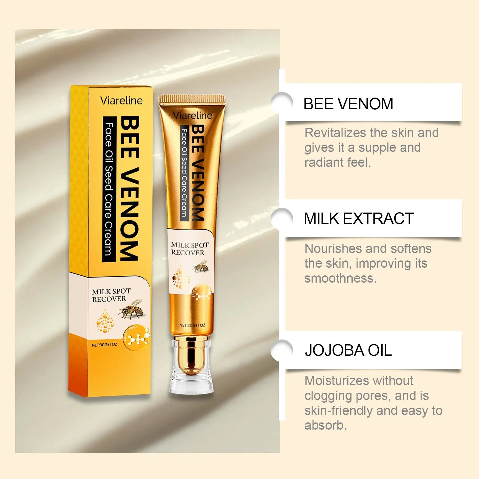 30g tube of bee venom facial neck care cream with jojoba oil and milk extract