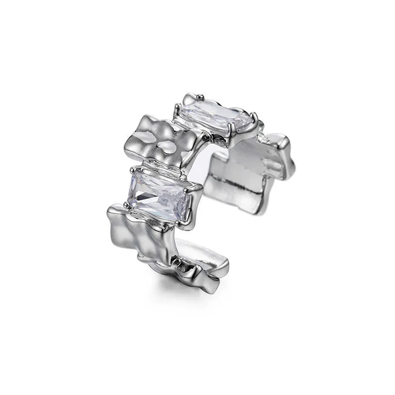 Geometric cross zircon open ring in silver tone with three-dimensional decoration