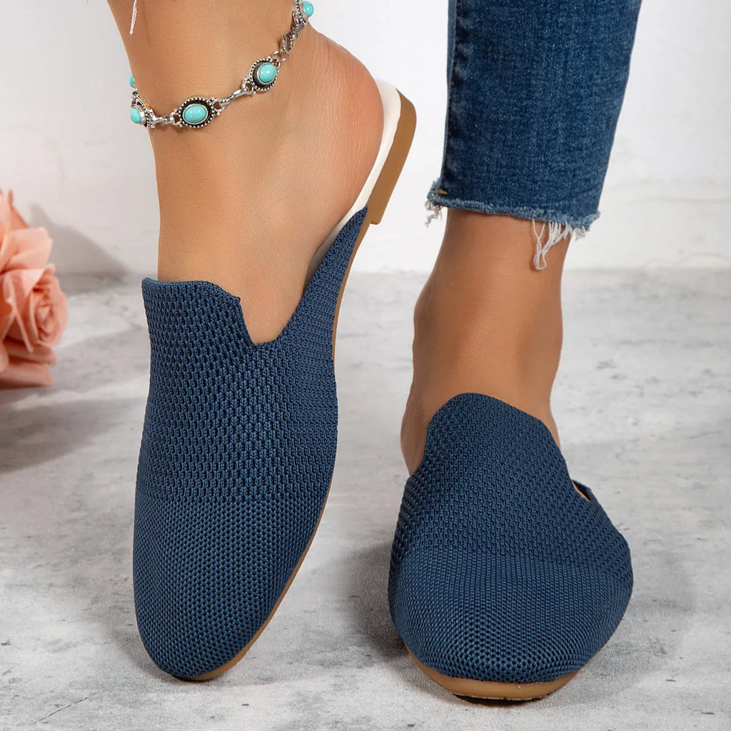 Casual mesh slip-on sandals in apricot, blue, and green colours with round toe and rubber sole.
