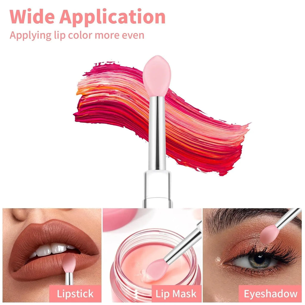 Set of reusable silicone lip brushes with protective caps in various colours for applying lipstick and gloss