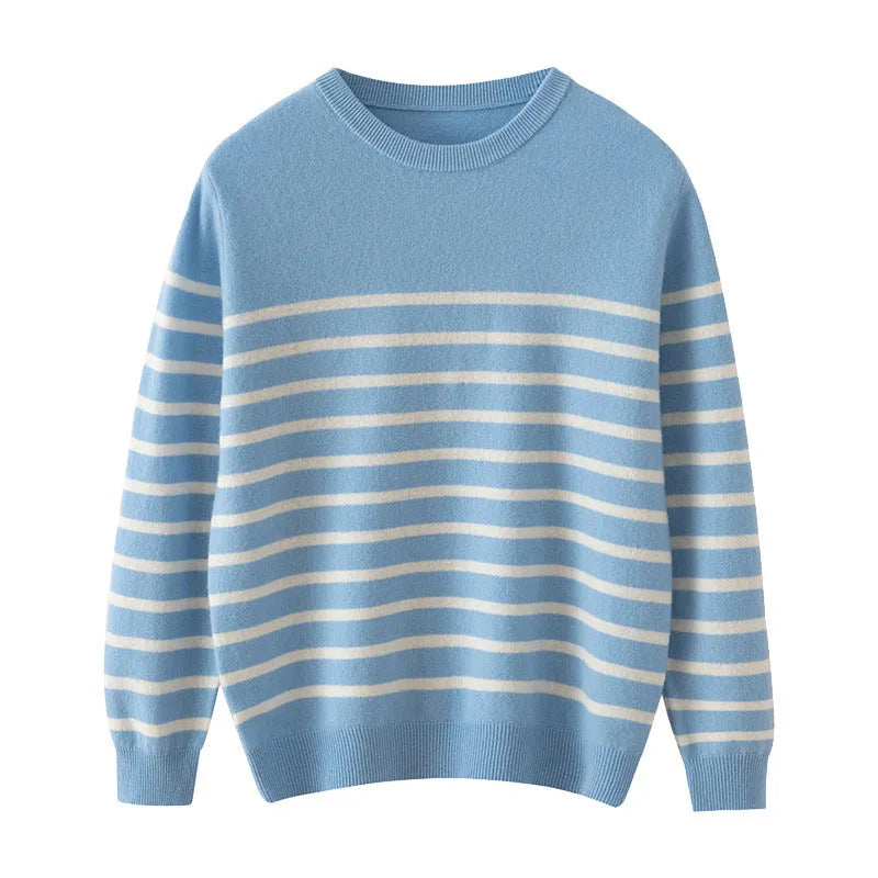 Men's wool round neck long sleeve sweater in light blue, front view, for casual leisure wear