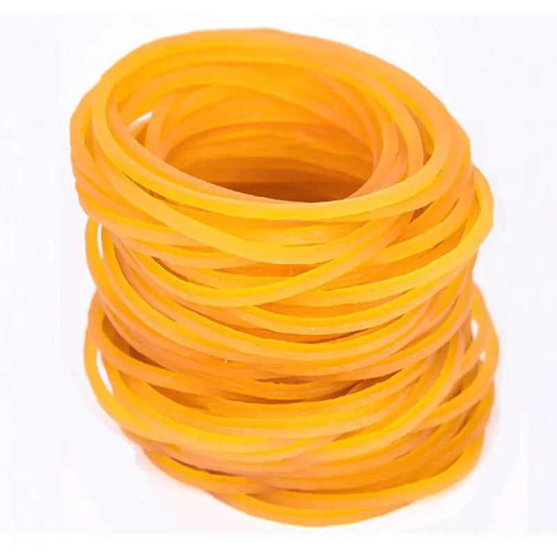 500g pack of yellow rubber bands showing multiple diameter sizes from 16mm to 70mm