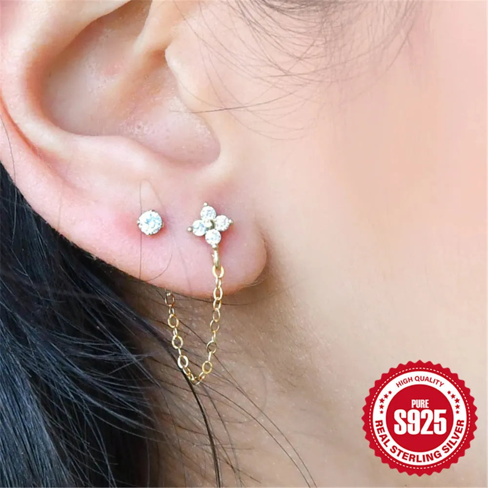 S925 sterling silver geometric ear studs with flower, tassel and chain design in gold colour options