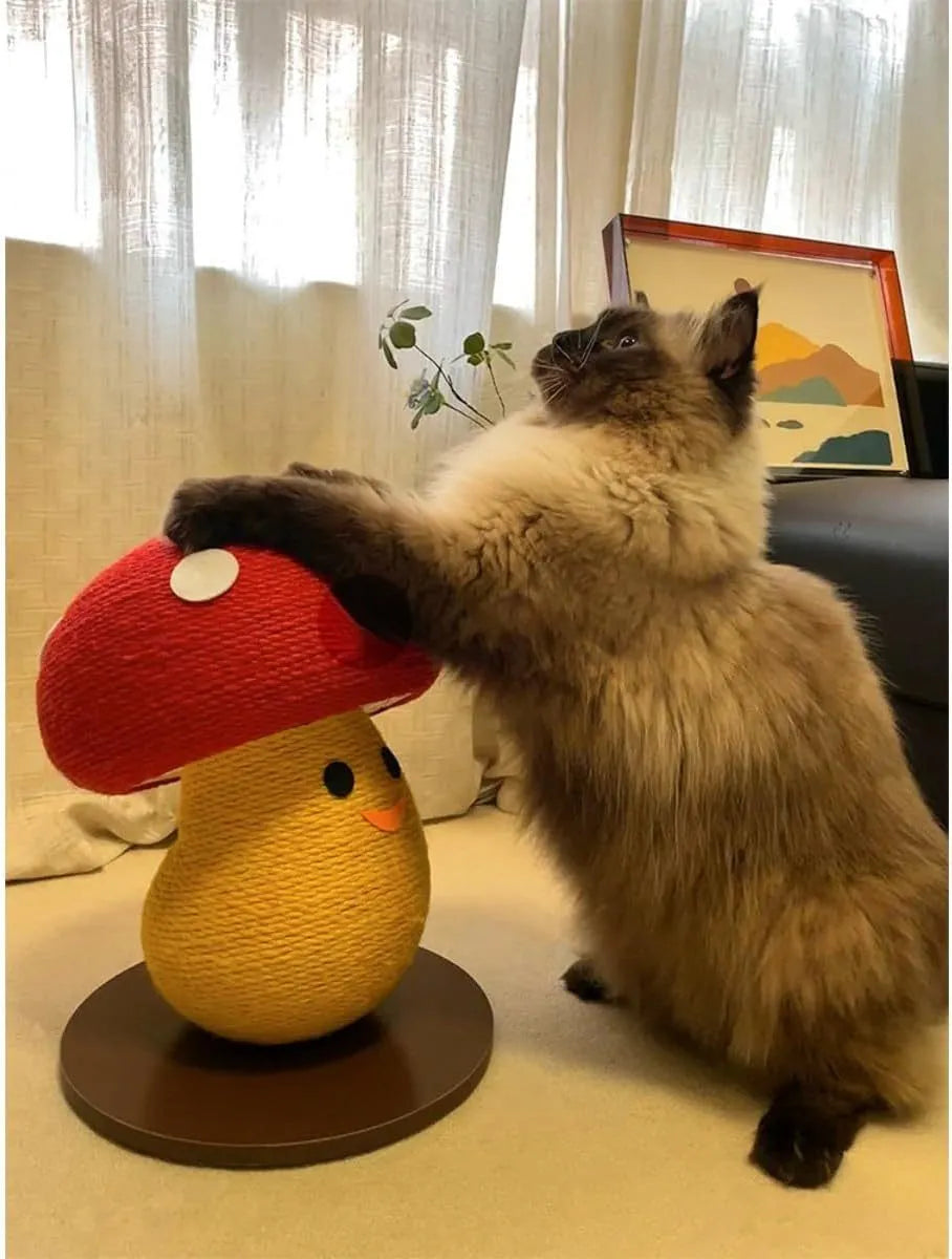 Foldable mushroom-shaped cardboard cat scratcher board on a carpet next to a sofa.