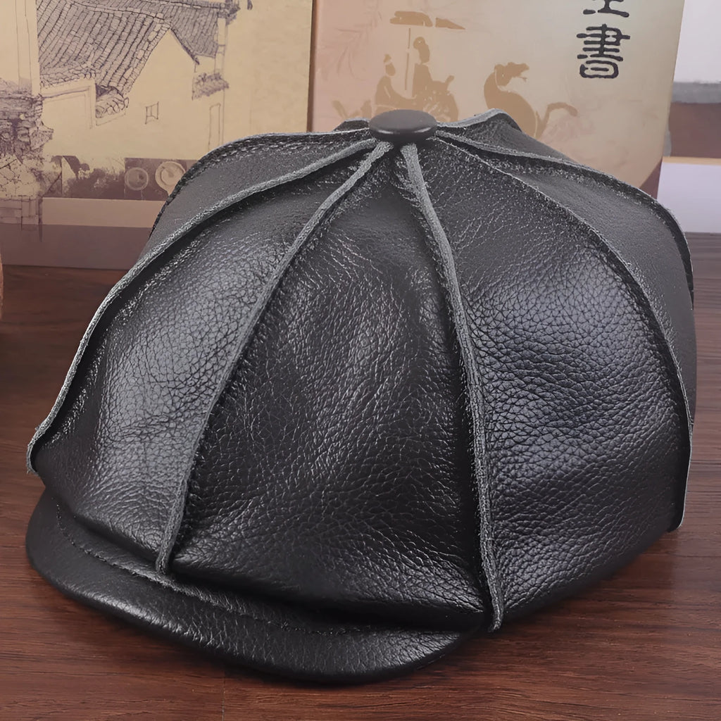 Brown cowhide leather dome crown peak cap with brim for winter outdoor leisure