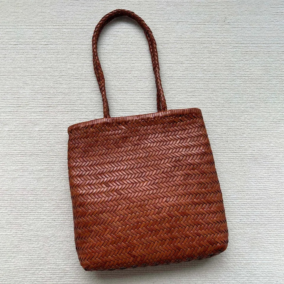 Brown handmade woven genuine leather shoulder tote bag with a front pocket