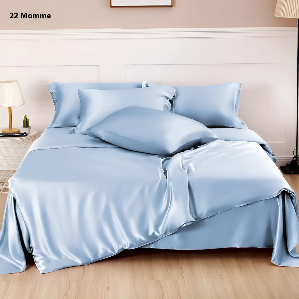 Silk duvet cover in six colour options showing double-sided bedding construction