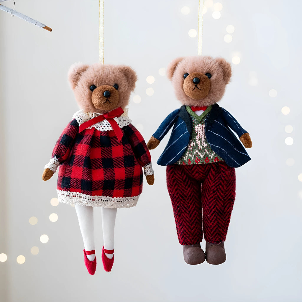 Cartoon-style couple plush bears wearing cotton suit plaid patterns in gentleman and princess bear colours