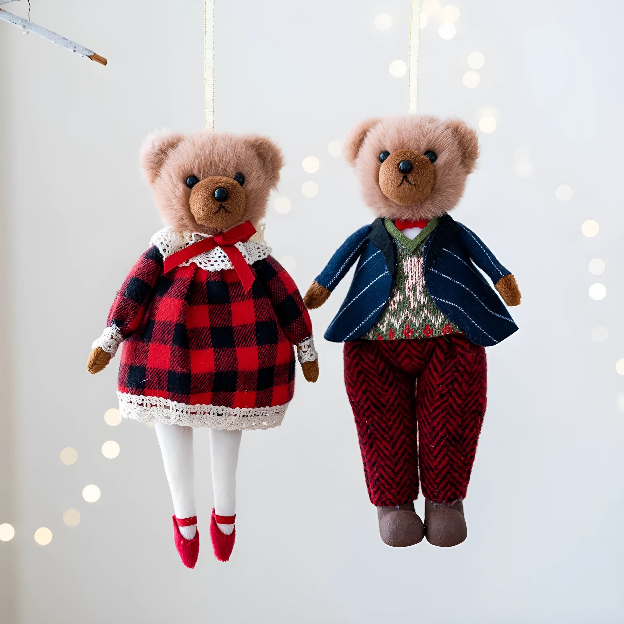 Cartoon-style couple plush bears wearing cotton suit plaid patterns in gentleman and princess bear colours