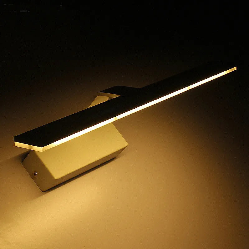 White framed LED bathroom mirror headlight mounted on wall showing three light colour options.
