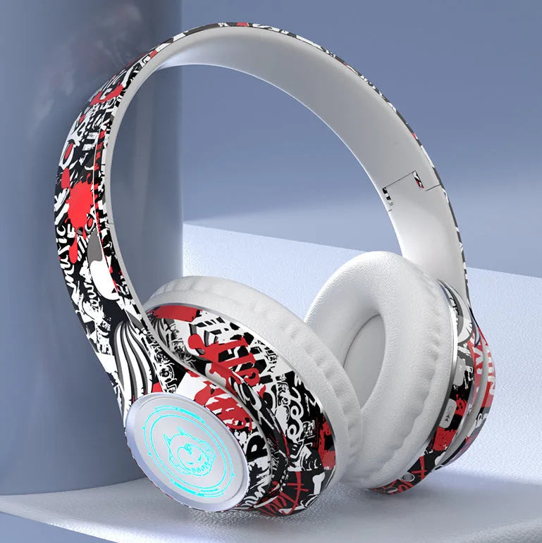 Folding wireless Bluetooth gaming headset in graffiti style with breathing light, PC ABS construction