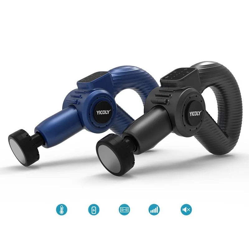 Black smart muscle massage gun with multiple attachment heads for hot and cold compress therapy