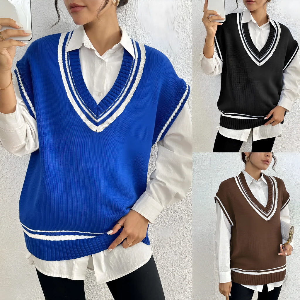 Women's loose-fit acrylic blend vest sweater in black, blue, or coffee, college style.