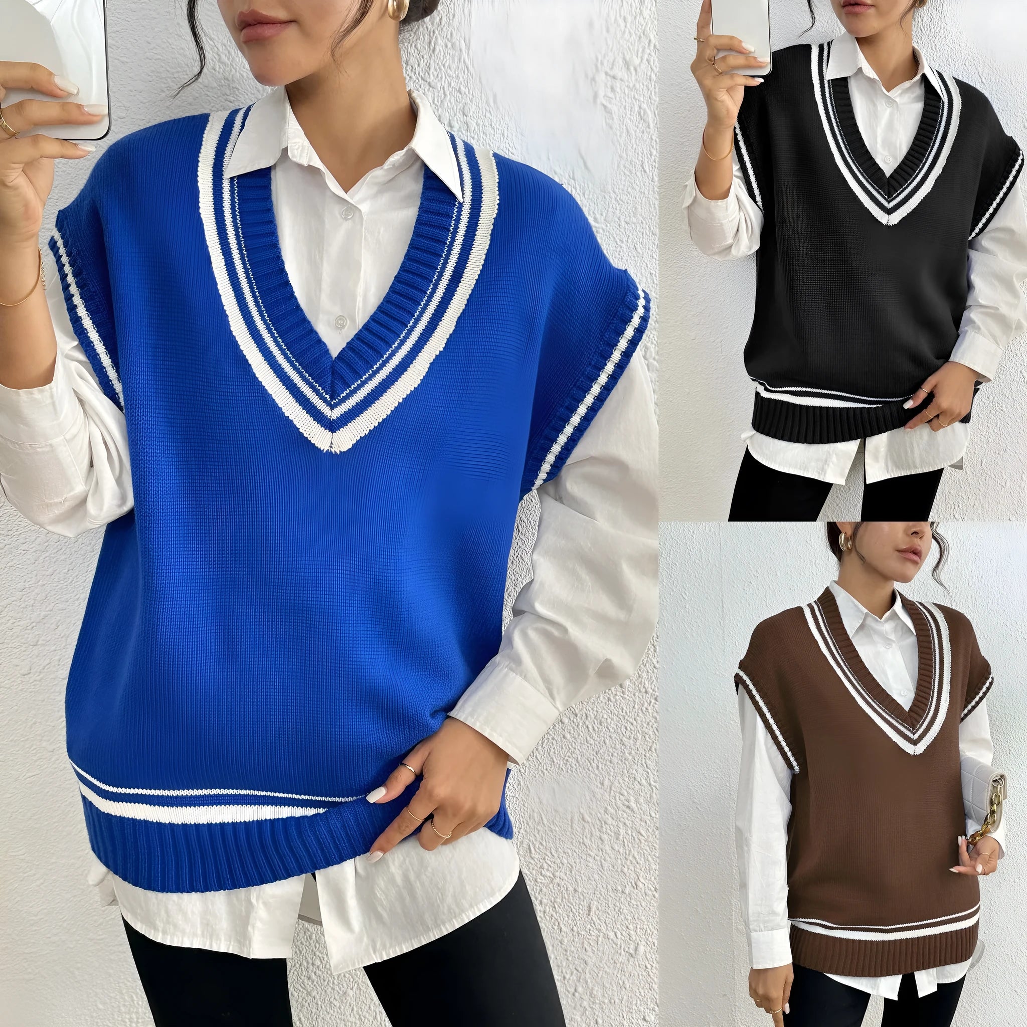 Women's loose-fit acrylic blend vest sweater in black, blue, or coffee, college style.