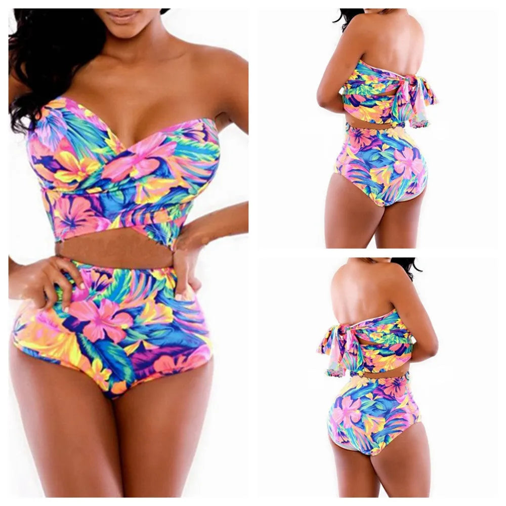 Red printed two-piece swimsuit with chest wrap design on white background