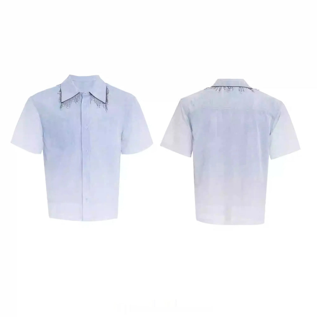 Man's blue and white gradient short-sleeve casual shirt on a hanger