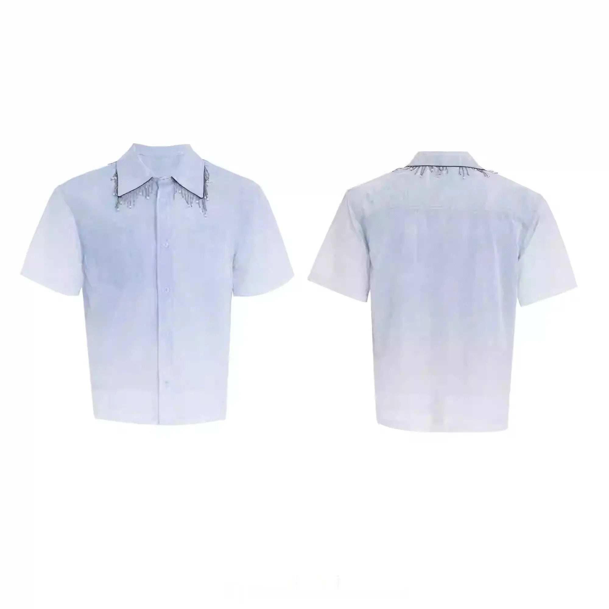 Man's blue and white gradient short-sleeve casual shirt on a hanger