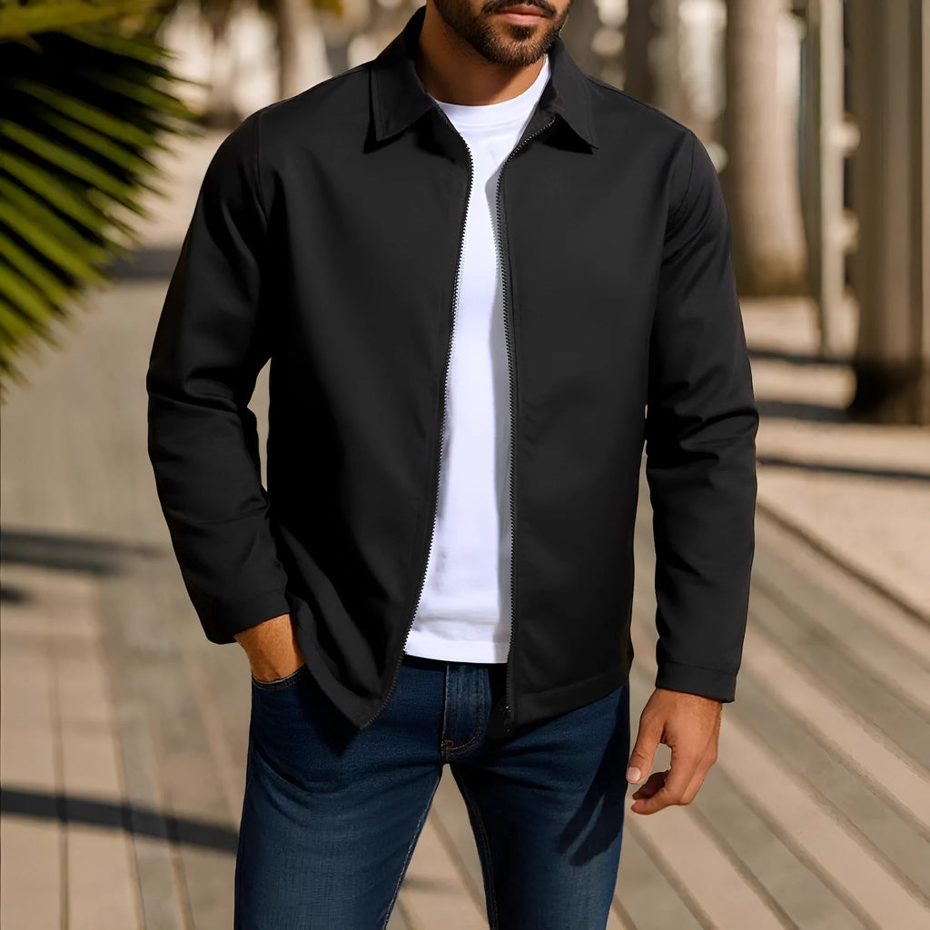 Men's green polyester blend cardigan jacket with front zipper and raglan long sleeves laid flat.
