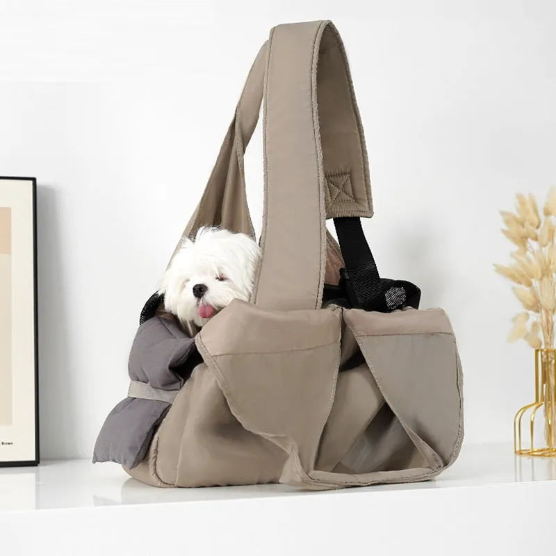 Apricot-coloured cloth pet handbag carrier for cats and small dogs, shown with dimensions 41cm long.
