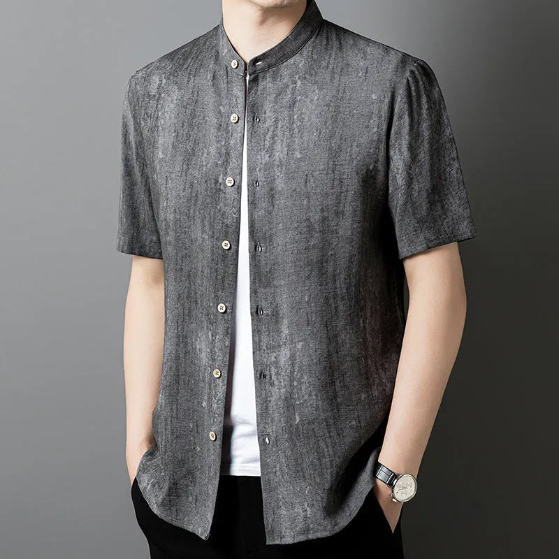 Men's loose-fit linen-look cardigan-style shirt in a viscose blend, shown in black and grey.