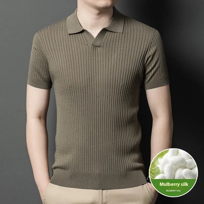 Men's striped mulberry silk T-shirt with lapel collar in multiple colour options