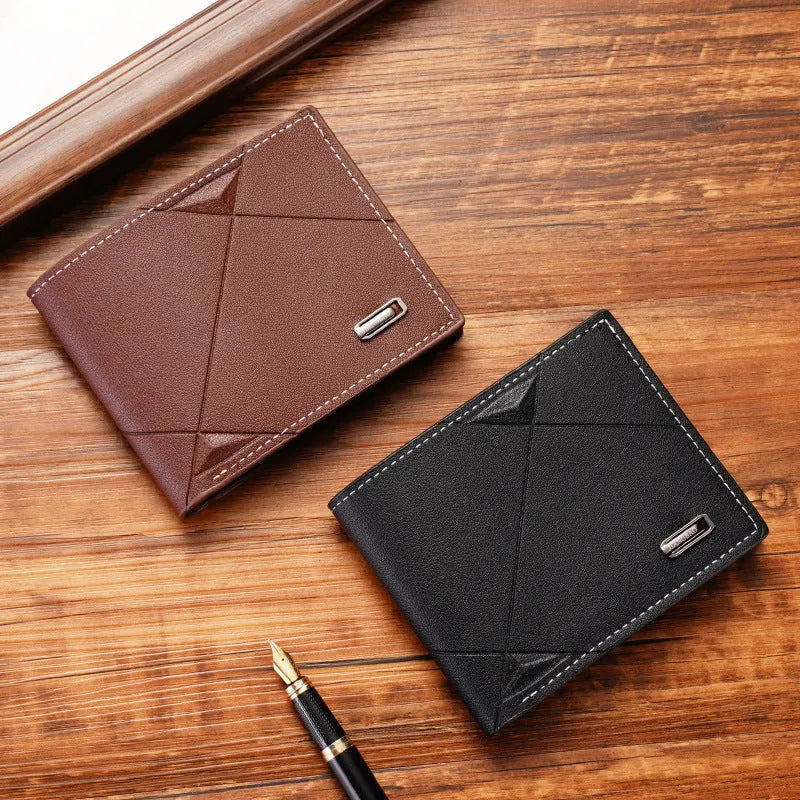 Men's black three-fold horizontal PU leather wallet showing multiple card slots.