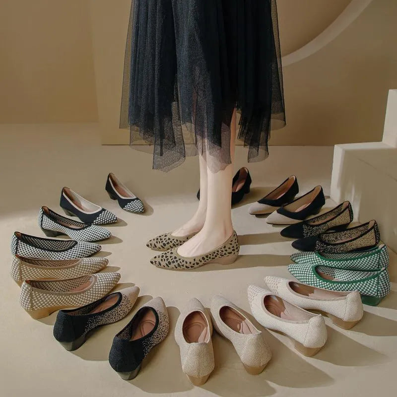 Women's pointed toe wedge pumps with flyknit mesh upper in leopard print and apricot colours