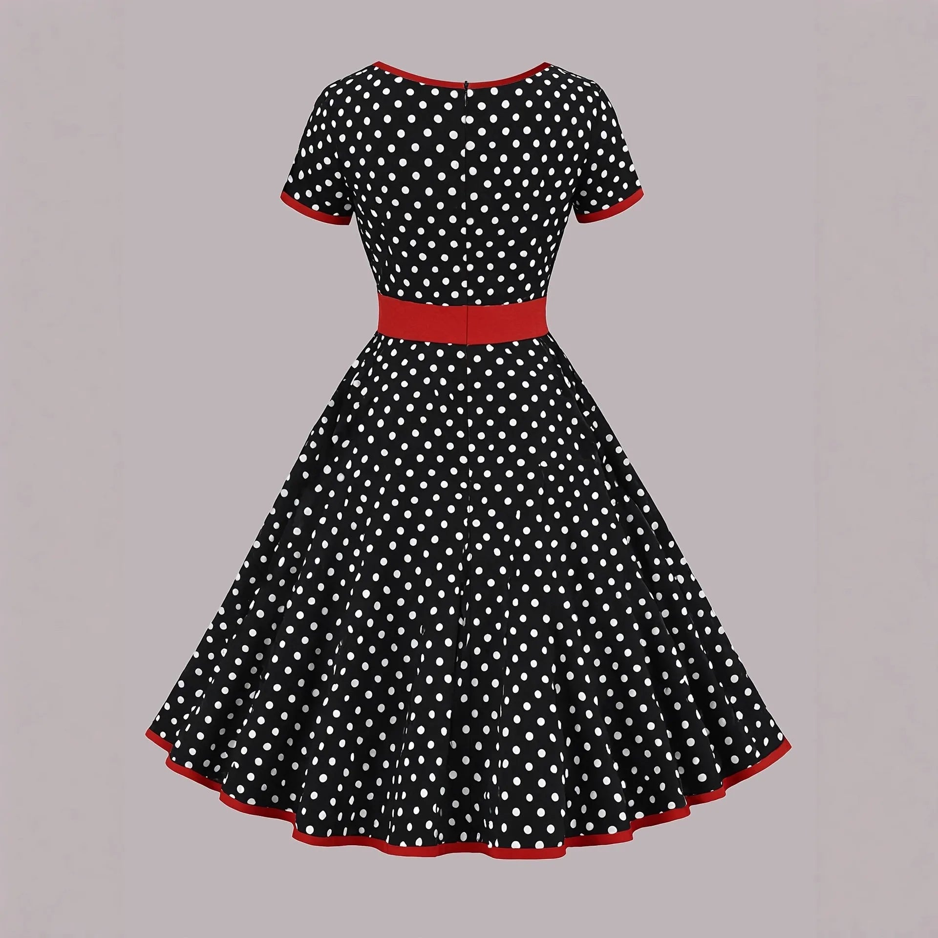 Multicolour polka dot dress with a square collar, short sleeves, pleated skirt, and a front zipper.