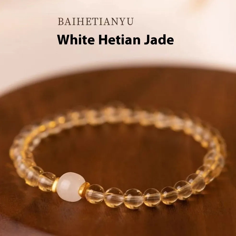 Handmade unisex bracelet with Brazilian rutilated quartz beads, pearls, and gold-plated clasp