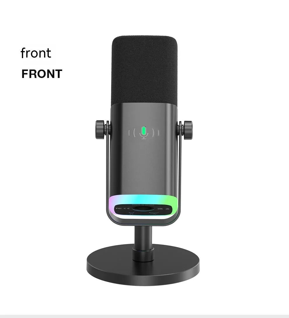 Dynamic noise reduction condenser microphone in black, pink, or white with XLR cable and adjustable desktop bracket.
