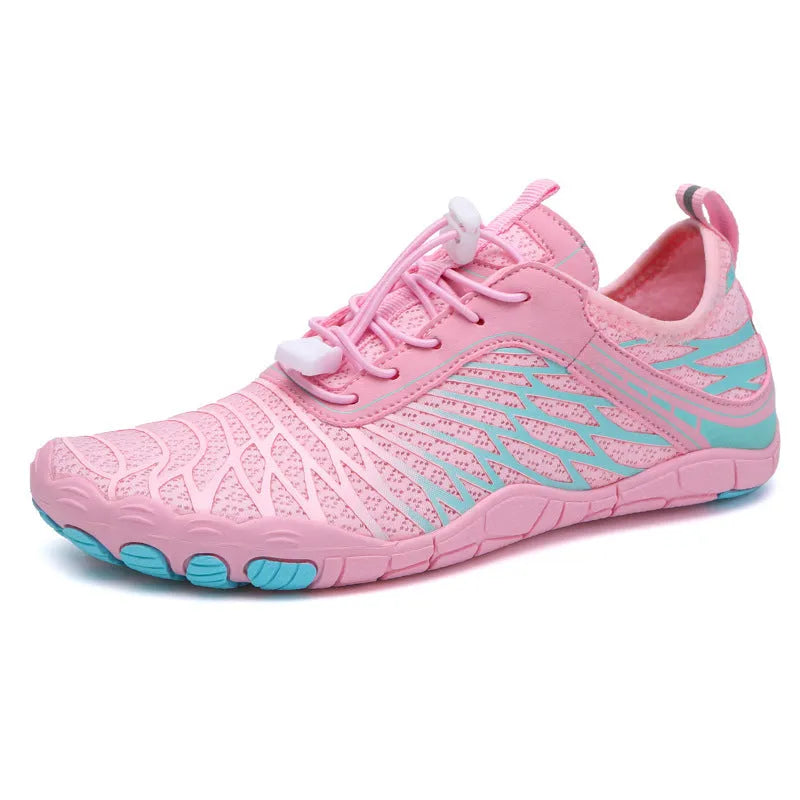 Outdoor five-finger upstream wading shoes with black and blue colourway, rubber sole and breathable leather upper